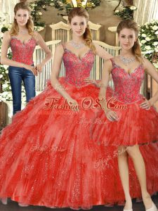 Glittering Straps Sleeveless Quinceanera Gown Floor Length Beading and Ruffles Red Organza