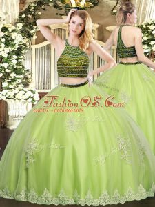 Yellow Green Zipper Quinceanera Dress Beading and Appliques Sleeveless Floor Length