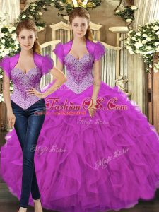 Fashionable Straps Sleeveless Tulle Ball Gown Prom Dress Beading and Ruffles Lace Up