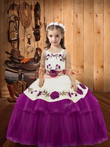 Fuchsia Ball Gowns Embroidery and Ruffled Layers Little Girl Pageant Dress Lace Up Organza Sleeveless Floor Length