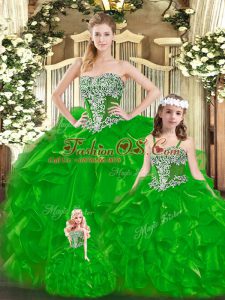 Green Quinceanera Gown Military Ball and Sweet 16 and Quinceanera with Beading and Ruffles Strapless Sleeveless Lace Up