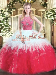 Chic Multi-color Ball Gowns Tulle Halter Top Sleeveless Beading and Ruffles Floor Length Zipper Sweet 16 Quinceanera Dress