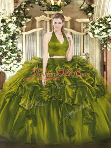 Olive Green Vestidos de Quinceanera Military Ball and Sweet 16 and Quinceanera with Ruffles Halter Top Sleeveless Zipper