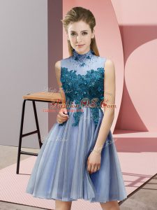 Custom Designed Knee Length Blue Damas Dress Tulle Sleeveless Appliques