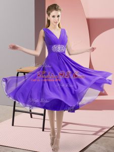 Custom Fit Lavender Empire V-neck Sleeveless Chiffon Knee Length Side Zipper Beading Bridesmaid Dresses