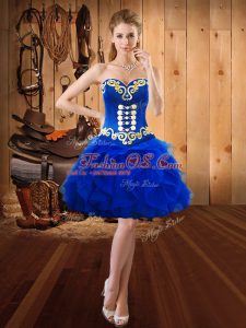 Amazing Royal Blue Ball Gowns Embroidery and Ruffles Prom Evening Gown Lace Up Organza Sleeveless Mini Length
