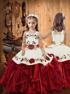 Wine Red Lace Up Straps Embroidery and Ruffles Kids Pageant Dress Organza Sleeveless