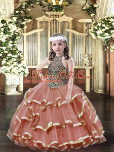 Floor Length Lace Up Little Girls Pageant Gowns Rust Red for Party and Quinceanera with Beading and Ruffled Layers