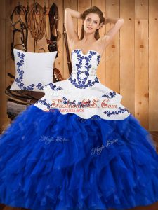 Amazing Blue And White Lace Up Strapless Embroidery and Ruffles Sweet 16 Dresses Satin and Organza Sleeveless