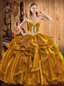 Sweetheart Sleeveless Organza Quinceanera Dress Embroidery and Ruffles Lace Up