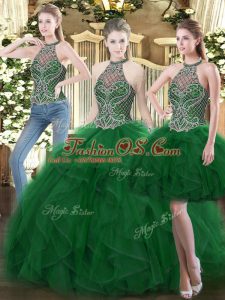 Exquisite Ball Gowns Vestidos de Quinceanera Dark Green High-neck Organza Sleeveless Floor Length Lace Up