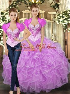Colorful Lilac Sleeveless Floor Length Beading and Ruffles Lace Up Quinceanera Dress