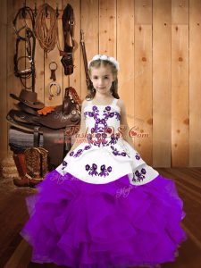 Eggplant Purple Little Girl Pageant Gowns Party and Quinceanera and Wedding Party with Embroidery and Ruffles Straps Sleeveless Lace Up