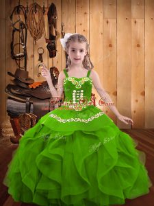 Unique Green Ball Gowns Straps Sleeveless Organza Floor Length Lace Up Beading and Embroidery and Ruffles Little Girls Pageant Gowns