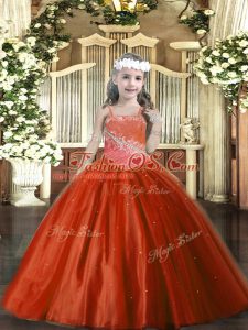 Custom Made Ball Gowns Little Girl Pageant Gowns Rust Red Straps Tulle Sleeveless Floor Length Lace Up
