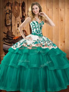 Fabulous Sweetheart Sleeveless Sweet 16 Dresses Sweep Train Embroidery Turquoise Organza