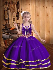 Sleeveless Floor Length Beading and Ruffled Layers Lace Up Pageant Gowns with Eggplant Purple