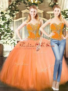 Luxurious Orange Red Tulle Lace Up Sweetheart Sleeveless Floor Length Sweet 16 Dresses Beading