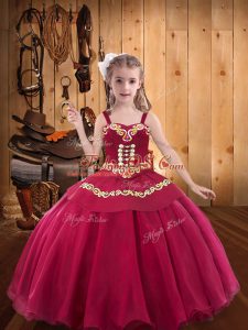 Red Straps Lace Up Embroidery Kids Pageant Dress Sleeveless
