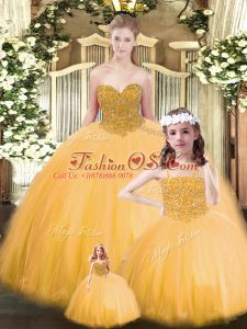 Ball Gowns 15 Quinceanera Dress Gold Sweetheart Tulle Sleeveless Floor Length Lace Up