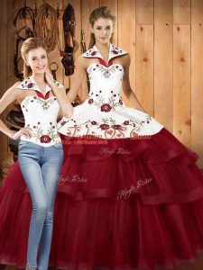Wine Red Satin and Organza Lace Up Halter Top Sleeveless With Train Sweet 16 Dress Sweep Train Embroidery and Ruffled Layers