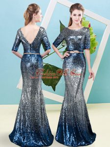 Multi-color Mermaid Sequins and Belt Prom Gown Zipper Sequined Half Sleeves Floor Length