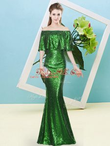 Dark Green Mermaid Sequined Off The Shoulder Half Sleeves Sequins Floor Length Zipper Dress for Prom