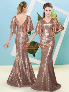 Cheap Brown Prom Party Dress Prom and Party with Sequins V-neck Half Sleeves Zipper