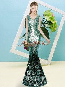 Beauteous Turquoise V-neck Neckline Sequins Prom Dresses Sleeveless Zipper