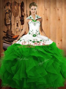 Tulle Halter Top Sleeveless Lace Up Embroidery and Ruffles 15th Birthday Dress in Green