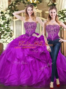 Purple Sleeveless Beading and Ruffles Floor Length 15 Quinceanera Dress
