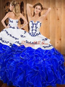 Excellent Blue And White Ball Gowns Embroidery and Ruffles Vestidos de Quinceanera Lace Up Satin and Organza Sleeveless Floor Length