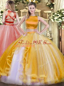 Floor Length Gold Quince Ball Gowns High-neck Sleeveless Criss Cross