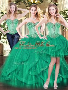 Comfortable Sleeveless Floor Length Beading and Ruffles Lace Up 15th Birthday Dress with Green