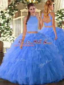 Halter Top Sleeveless Sweet 16 Quinceanera Dress Floor Length Beading and Ruffles Baby Blue Tulle