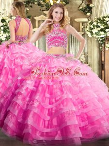 Exquisite Rose Pink Tulle Backless Sweet 16 Dresses Sleeveless Floor Length Beading and Ruffled Layers