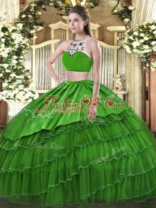 Green Tulle Backless High-neck Sleeveless Floor Length Sweet 16 Dress Beading and Embroidery and Ruffles