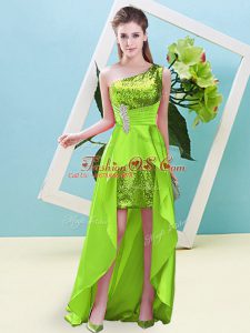 Exceptional A-line Dress for Prom Yellow Green One Shoulder Elastic Woven Satin and Sequined Sleeveless High Low Lace Up