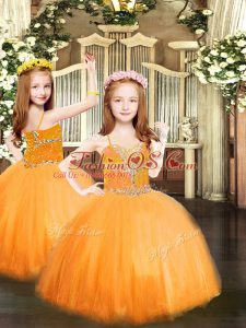 Orange Lace Up Spaghetti Straps Beading Pageant Gowns For Girls Tulle Sleeveless