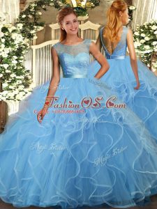 Free and Easy Aqua Blue Backless Quinceanera Gowns Ruffles Sleeveless Floor Length