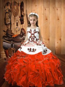 Orange Red Ball Gowns Straps Sleeveless Organza Floor Length Lace Up Embroidery and Ruffles Little Girls Pageant Dress Wholesale