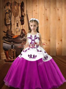 Fuchsia Organza Zipper Child Pageant Dress Sleeveless Floor Length Embroidery
