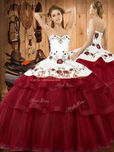 Custom Made Wine Red Ball Gown Prom Dress Military Ball and Sweet 16 and Quinceanera with Embroidery and Ruffled Layers Sweetheart Sleeveless Sweep Train Lace Up