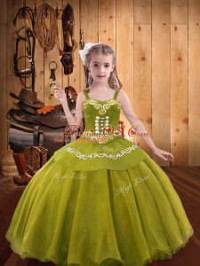 Discount Olive Green Ball Gowns Embroidery and Ruffles Girls Pageant Dresses Lace Up Organza Sleeveless Floor Length