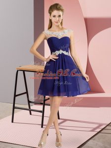 Empire Prom Dresses Royal Blue Scoop Chiffon Cap Sleeves Mini Length Lace Up