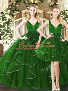 Fantastic Ruffles Quinceanera Gown Dark Green Lace Up Sleeveless Floor Length