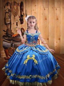Lovely Floor Length Blue Child Pageant Dress Straps Sleeveless Lace Up