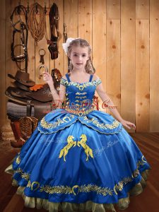 Lovely Floor Length Blue Child Pageant Dress Straps Sleeveless Lace Up