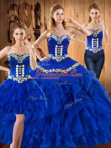 Satin and Organza Sweetheart Sleeveless Lace Up Embroidery and Ruffles Quinceanera Dresses in Blue