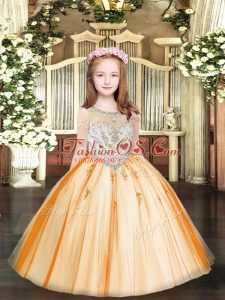 Great Orange Sleeveless Floor Length Beading and Appliques Zipper Pageant Gowns